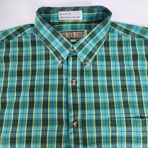 Vtg Cotton Plaid Long Sleeve Collared Button Down Shirt Turquoise Green Yellow